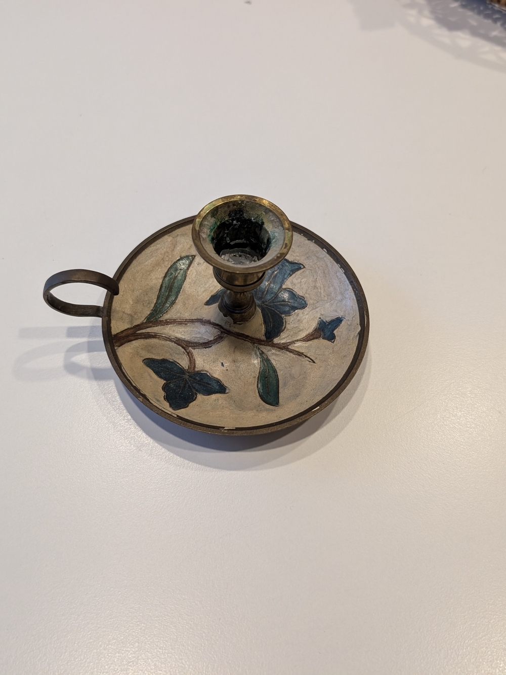 Brass Floral Candle Holder — Green Accent